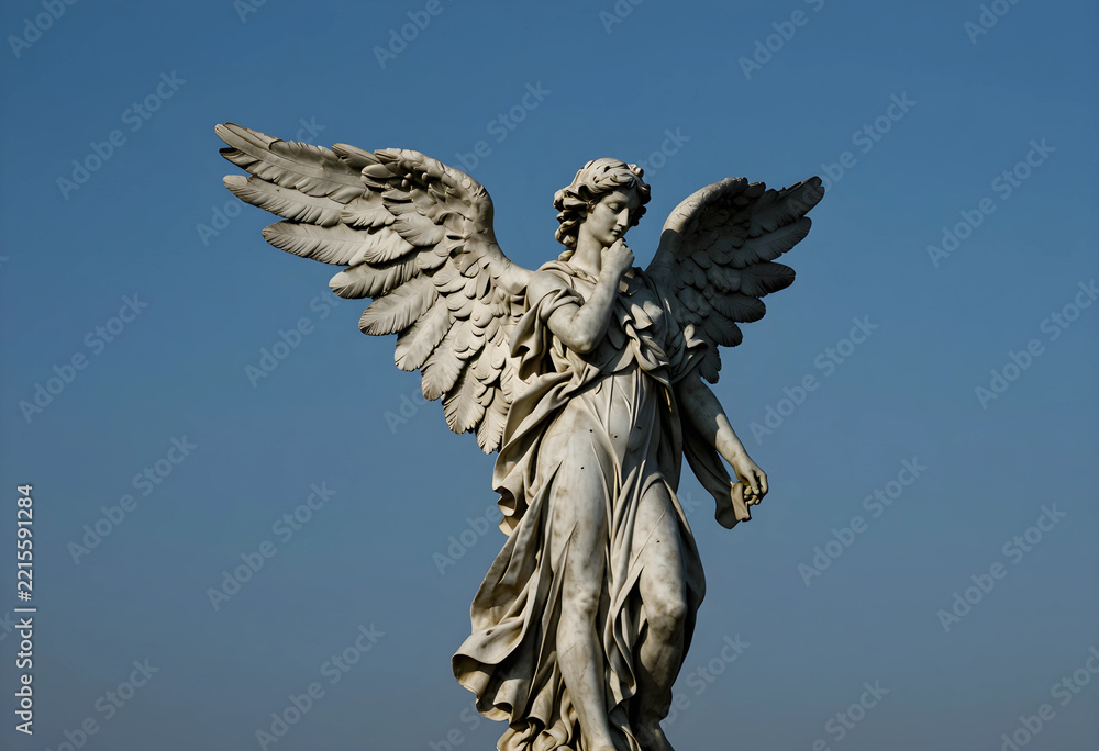 Fototapeta premium Spirituality and religion concept marble angel statue with wings spread on a clear blue sky peace hope and divine protection