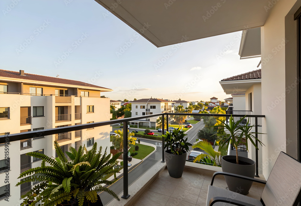 Fototapeta premium Real estate investment and urban lifestyle, balcony view of modern apartment complex with potted plants and sunset light in a residential neighborhood