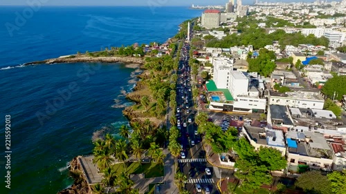 Santo Domingo — drone shot. Caribbean coast. Aerial view of the cityscape. Aerial view of the capital's coastline. Famous landmarks. Santo Domingo, Dominican Republic — August 26, 2026