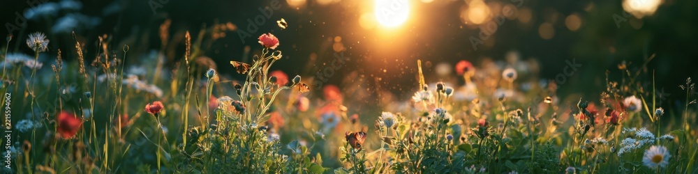 Fototapeta premium panoramic wildflower field at golden hour sunset with wild poppies and daisies backlit by glowing sunlight, vibrant rural nature meadow landscape banner background for summer environmental concepts