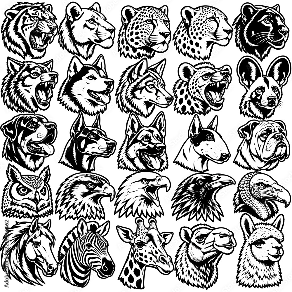 Fototapeta premium Animal Wildlife Heads Vector Illustration Set for Emblems Safari Park Logos and Tattoo Designs