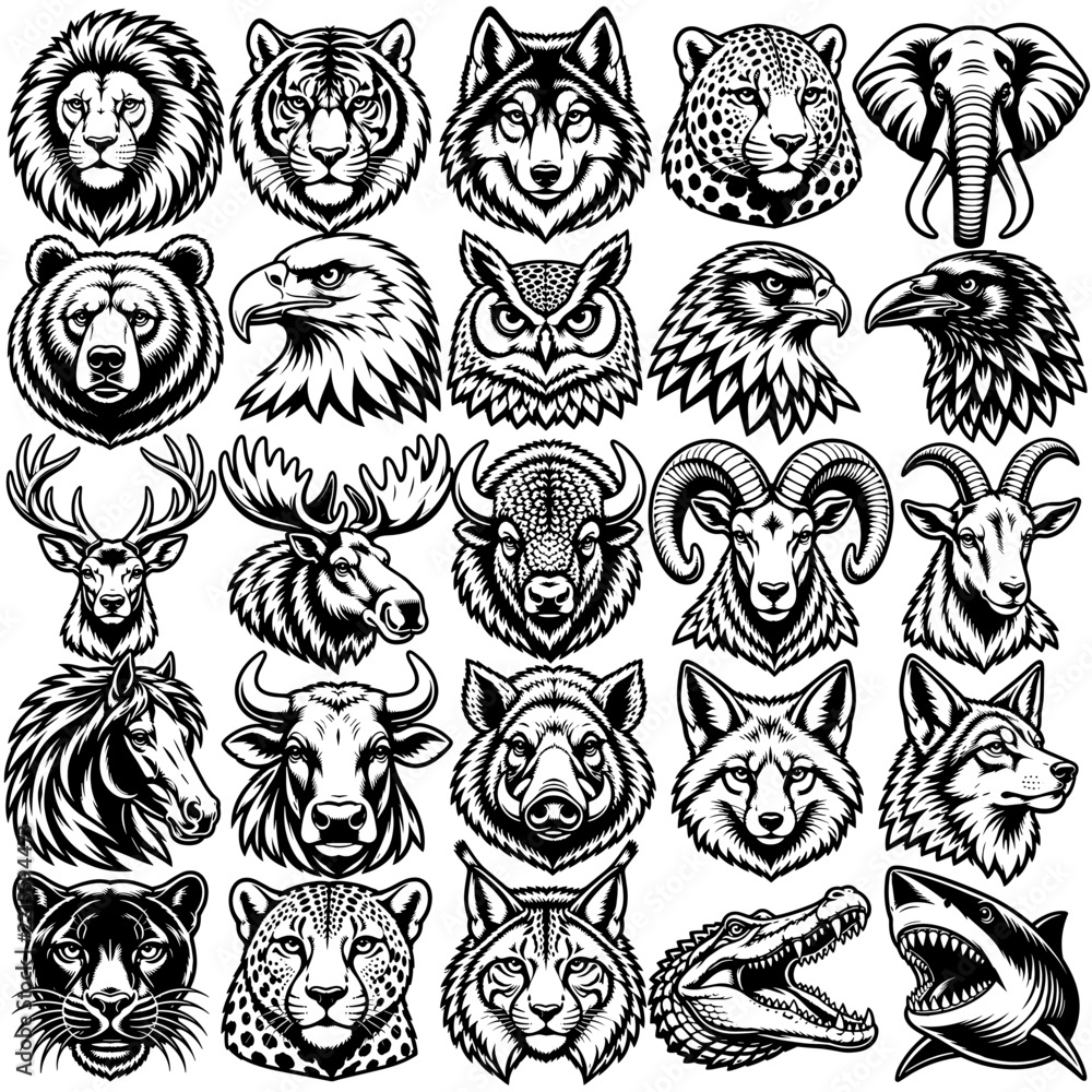 Fototapeta premium Animal Heads Wildlife Illustrations for Mascot Designs Emblem Templates and Powerful Graphic Elements