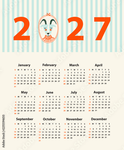 Calendar set 2027 starting from Sunday. Vector illustration