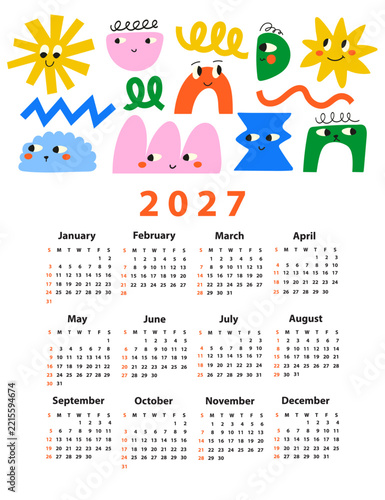 Calendar 2027 starting from Sunday. Various shapes and doodle objects.