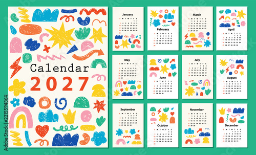 Calendar 2027 starting from Sunday. Various shapes and doodle objects. Modern art. Minimalist shapes. Geometric trendy vector illustrations.