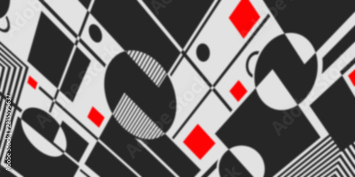 Abstract geometric pattern in constructivism style with black, white and red shapes.
