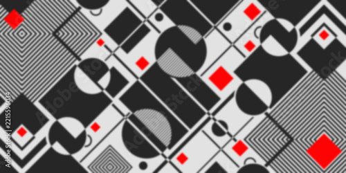 Abstract geometric pattern in constructivism style with black, white and red shapes.