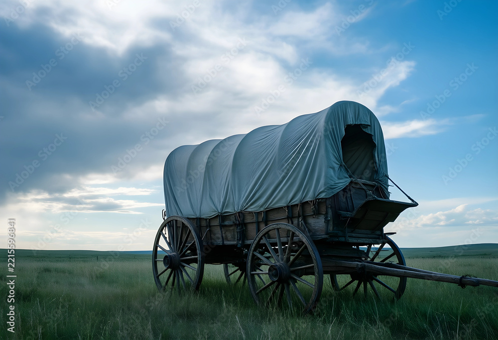 Naklejka premium Pioneer history and westward expansion, covered wagon on the American frontier in a vast prairie landscape under a dramatic cloudy sky at sunset