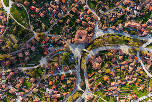 Aerial top view of historic Koprivshtitsa town in Bulgaria