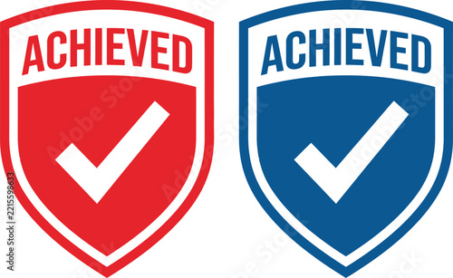 Achieved shield badge vector designs with red and blue checkmark symbols