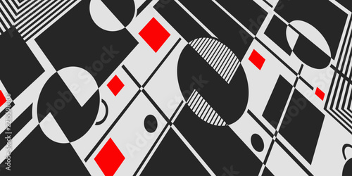 Abstract geometric pattern in constructivism style with black, white and red shapes.