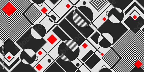 Abstract geometric pattern in constructivism style with black, white and red shapes.