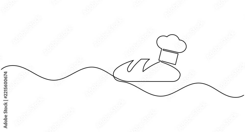 Obraz premium Bread loaf and chef hat continuous one line drawing minimalist bakery food outline editable stroke vector illustration