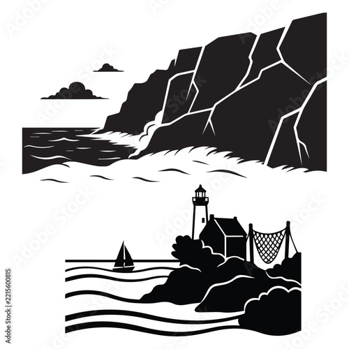 Ocean Coastal Cliff Lighthouse Sailboat Landscape Silhouette Vector Set