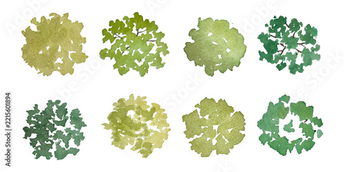 Set of watercolor trees in plan view for use in architectural drawings - isolated on transparent background