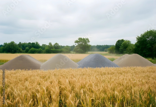 Land development and environmental impact, piles of gravel and sand in a golden wheat field industrial encroachment on agricultural land