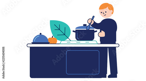 Young man cooking healthy food in a kitchen with fresh vegetables