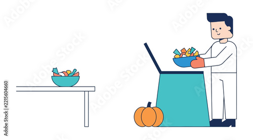 Man holding a bowl of candy next to a pumpkin for halloween celebration
