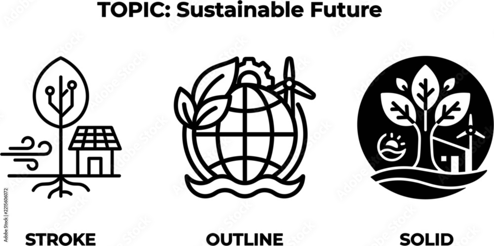 Fototapeta premium Set of sustainable future icons in stroke, outline, and solid styles featuring ecofriendly energy and environmental concepts