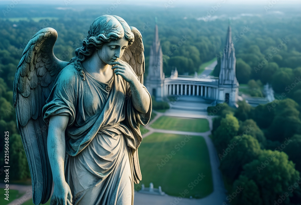Fototapeta premium Grief and mourning concept, stone angel statue with pensive expression overlooking a peaceful cemetery park with neoclassical architecture and green trees