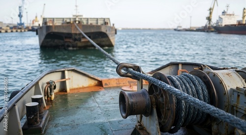 Towing line on tugboat. Maritime equipment and vessel operations