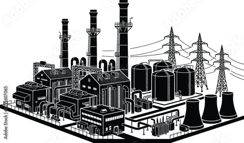 Isometric black silhouette vector illustration of an industrial power plant complex with tall smokestacks, factory buildings, cylindrical storage tanks, high voltage pylons, connecting pipelines and s