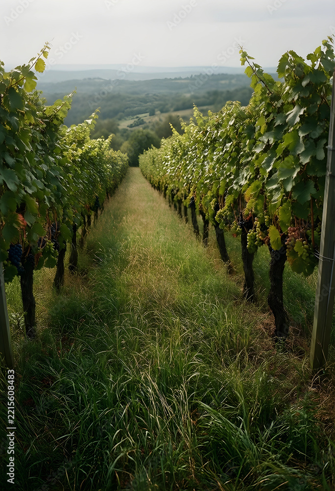 Fototapeta premium Viticulture and sustainable agriculture, rows of grapevines in a vineyard with lush green grass and rolling hills in the background during harvest season