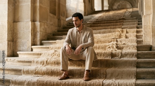 Man sitting on ancient stone steps in soft golden sunlight