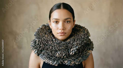 Portrait of serene woman in textured gray scarf in soft warm light
