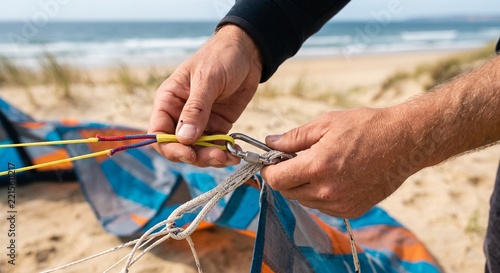 Kitesurfer connecting lines to kite on beach