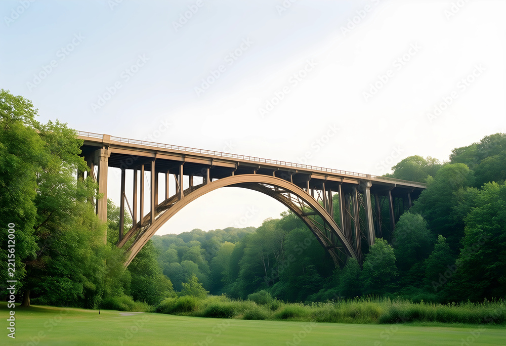 Naklejka premium Infrastructure and transportation development, large concrete arch bridge spanning over a lush green forest valley with clear sky and natural landscape