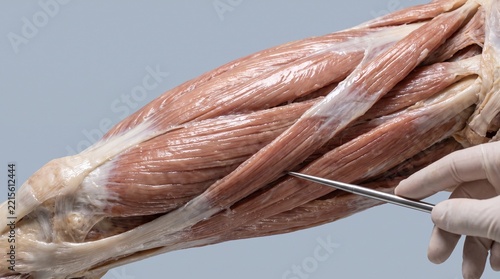 Close up of human forearm muscles and tendons with a dissection tool and gloved hand
