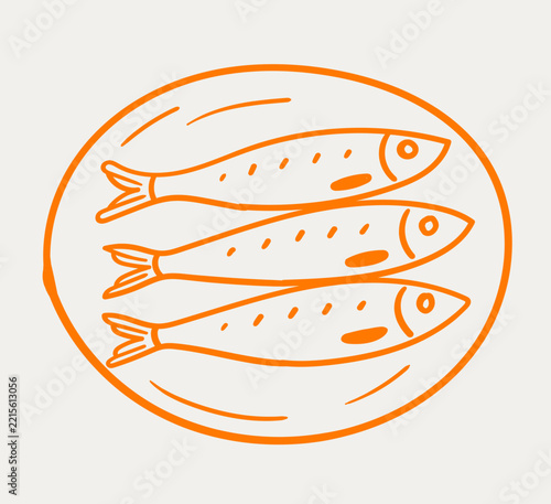Orange line art icon of three small fish on a round plate