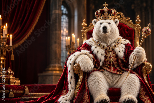 White polar bear wearing royal crown and jeweled robes seated on ornate throne in candlelit gothic palace interior