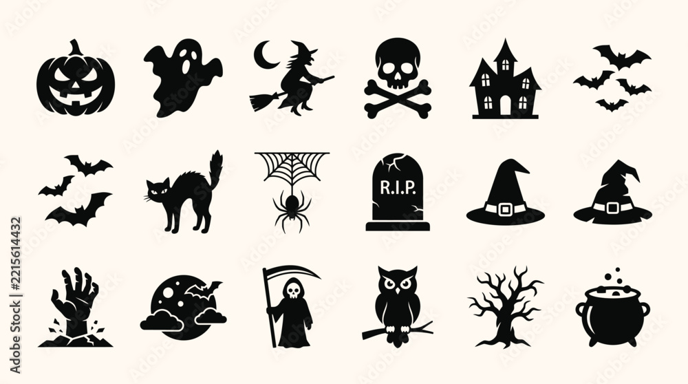Fototapeta premium Halloween silhouette icons set, spooky black holiday symbols collection, 18 vector elements for party invitation and graphic design