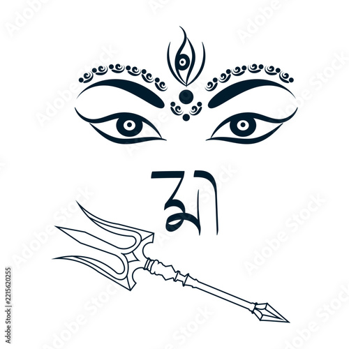 Goddess Durga Eyes with Trident and Bengali Script Line Art Illustration