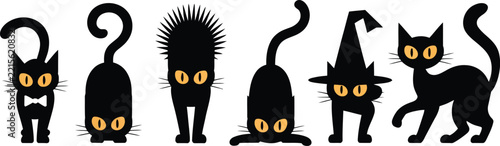 Set Halloween black cat silhouette line art vector illustration, spooky feline collection for October holiday, haunted night, horror party and seasonal decoration designs.
