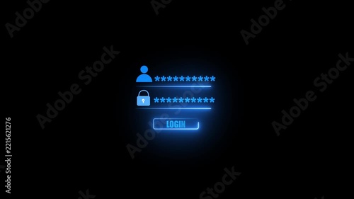 Neon Blue Login Interface Animation with User Credentials and Password Entry on Black Background