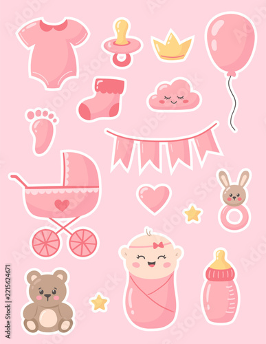 Baby shower sticker set. Sticker set with elements for a baby girl. Vector illustration 