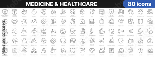 Medicine and healthcare icon set with doctors, hospitals, diagnostics, treatment, pharmacy, laboratory, vaccination, medical equipment, patient care and health symbols in linear style