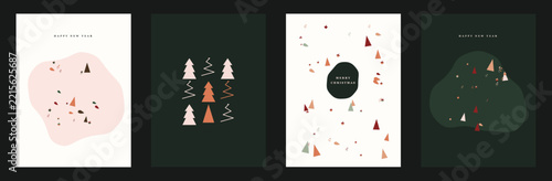Set of four minimalist holiday greeting cards with abstract trees and seasonal text