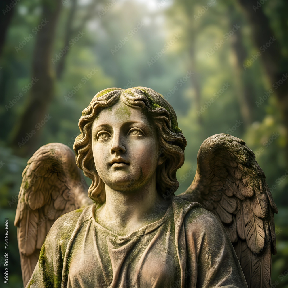 Fototapeta premium Spirituality and mourning, stone angel statue in a peaceful cemetery with moss and soft forest light for funeral services and memorial remembrance
