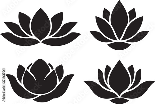Premium minimalist lotus flower silhouette icon collection for botanical, wellness, nature and floral stock design applications.