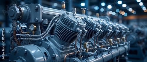 Industrial air compressor machine blue metal parts for factory assembly.