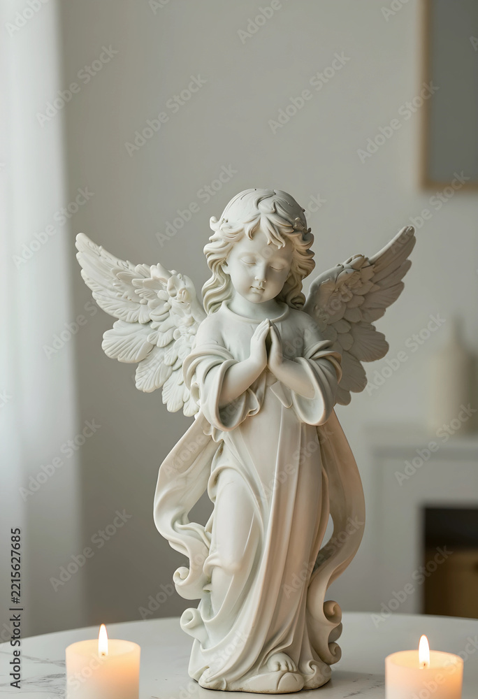 Fototapeta premium Spirituality and prayer concept, white angel statue with folded hands and wings standing on a table with glowing candles for peace and meditation