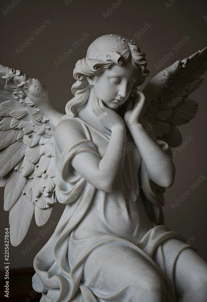 Fototapeta premium Grief and mourning concept, marble angel statue with hands on face in prayer or sorrow, religious sculpture for funeral and memorial service themes