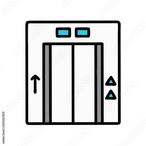 Cartoon elevator illustration in white and blue color scheme