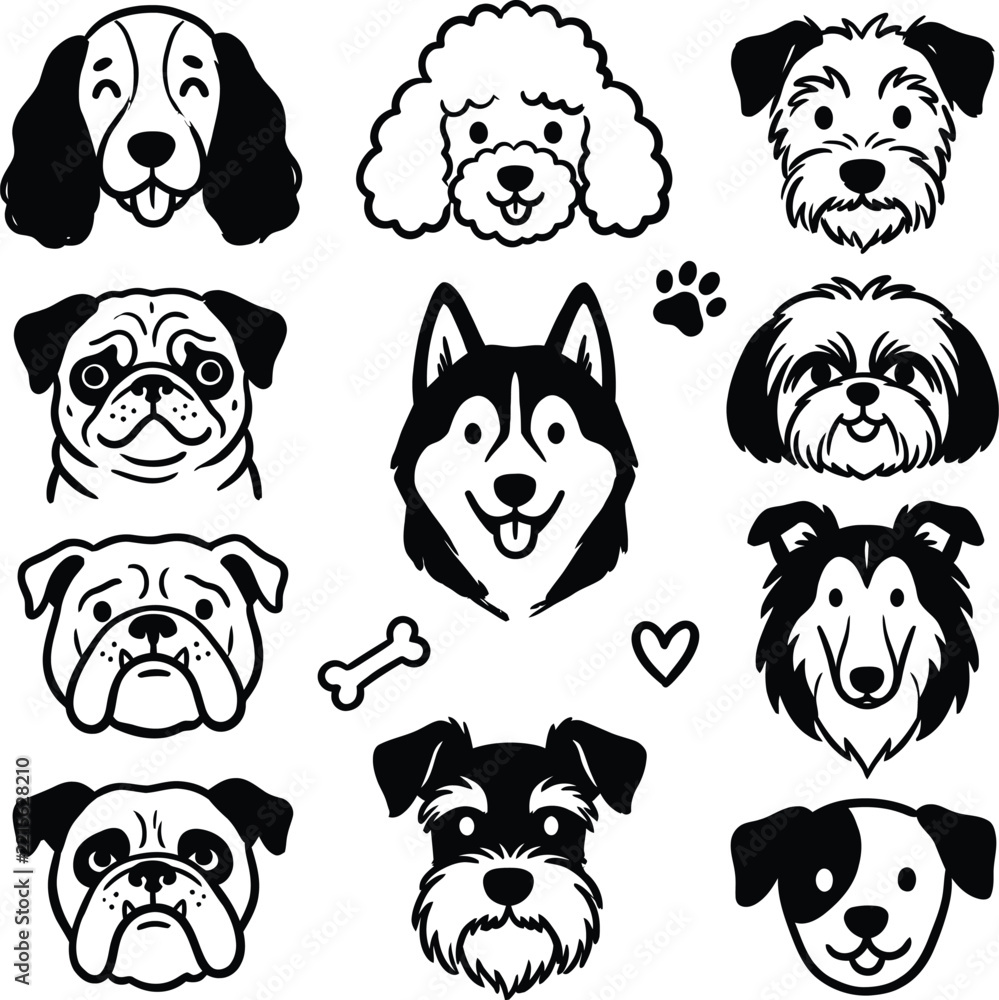 Obraz premium Dog breeds black silhouette vector set for pet animal portraits collection.