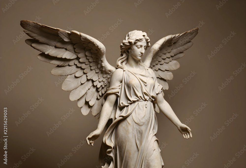 Fototapeta premium Spirituality and divine grace, marble angel statue with spread wings peace and protection in a classical art style on a neutral background