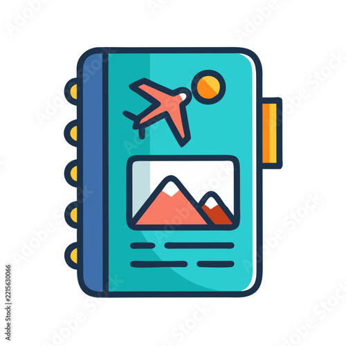 Travel planner icon with airplane and mountain landscape